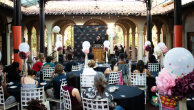 A seated group of Occidental students and staff at the annual Student Leadership Awards on Branca Patio