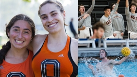 Oxy student athletes pose together in their various sports jerseys