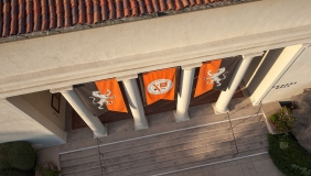 A view looking down at the front entrance of Thorne Hall