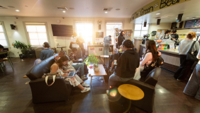 Students sit in the Green Bean coffee shop