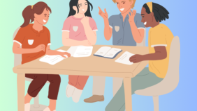 Illustration of four students sitting around a table studying together. They are smiling and engaged in conversation, with notebooks and papers spread out on the table. The background has a soft green and blue gradient.