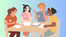 Illustration of four students sitting around a table studying together. They are smiling and engaged in conversation, with notebooks and papers spread out on the table. The background has a soft green and blue gradient.