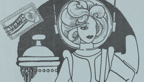 Archival image of a drawing of an alien on a blue background 