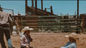 Poster for the upcoming production of the plat Calf Scramble. Depicting two girls wrangling a baby calf