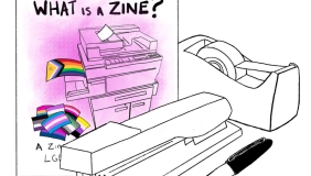an outline drawing of a zine, roll of tape, stapler and sharpie