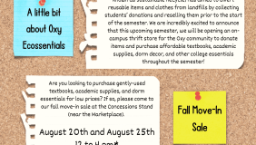 Oxy Ecossentials Flyer with details of fall move in thrift sale, august 20th and 25th, includes info about the club's history