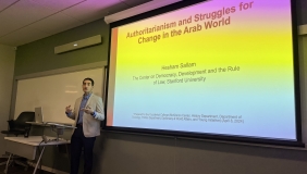 Dr. Hesham Sallam giving a talk to students at Occidental College.