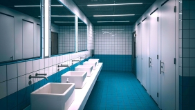 a shot of a public bathroom interior