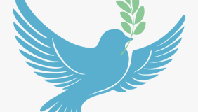 a blue dove with an olive branch in its mouth