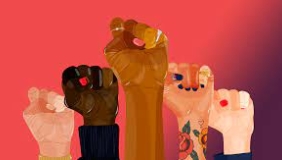 A line of five fists of different skin tones, raised against a red background.