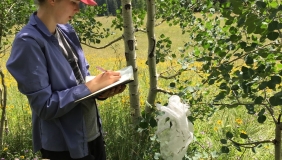 Dr. Annika Nelson writing in a notebook in front of trees and plants