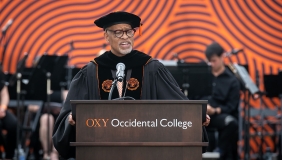 President Harry J. Elam, Jr. at the podium at inauguration