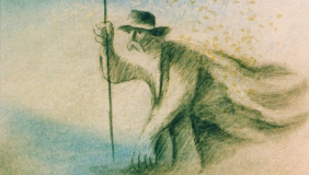screenshot from The Man Who Planted Trees, depicting a drawing of a man in windswept plains