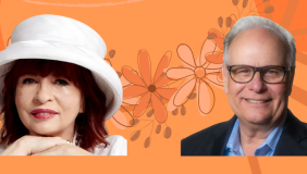 Patt Morrison and Larry Mantle headshots on an orange background