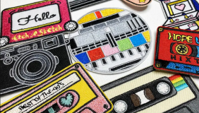 clothing patches in the shape of 80s nostalgia items