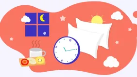a cartoon image of sleep items like pillows and an alarm clock
