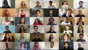 A screen shot showing 36 Glee Club Members singing individually from their homes