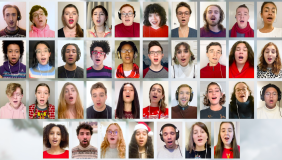 A screen shot of 37 Glee Club members singing