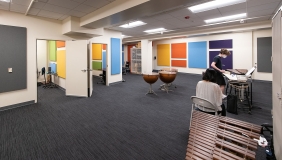 The new percussion studio at Oxy, featuring many instruments