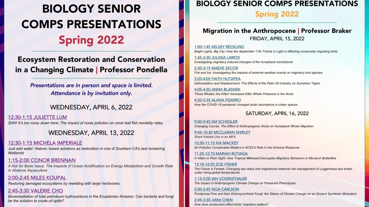 Spring 2022 Biology Senior Comps Presentations Schedules Occidental College