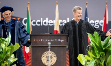 President Tom Stritikus and Professor of Kinesiology Stuart Rugg at Commencement in May 2025.