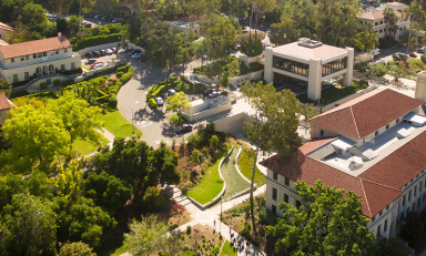 A bird's eye view of the Occidental College campus from a drone camera