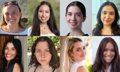 A group of 8 Occidental College student award winners, a composite image