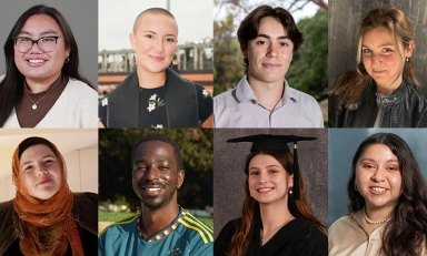 Eight stacked headshots of Occidental College graduating seniors