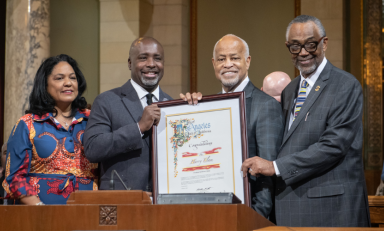 President Harry J. Elam, Jr. is recognized by members of the Los Angeles City Council