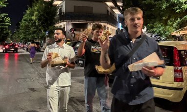 Evan Caulfield '26, center, and other participants in Oxy's Summer Justice Internship in Greece