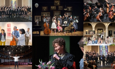 a collage of images of arts events taking place at Occidental College this semester