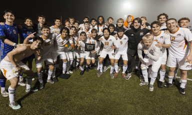 Occidental's men's soccer team celebrated on Patterson Field on November 8 after their 1-0 victory over the University of Redlands.