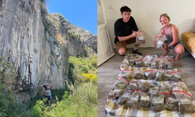 a composite images of two students examining a rock face and then examining rock samples in plastic bags