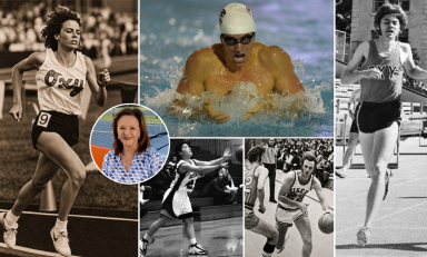 2026 Occidental Athletics Hall of Fame inductees Michele Trimble de Boucaud ’89, Steven Van Deventer ’15, Tom Colley ’78, Doug McAdam ’73, Anna Celaya ’99, and Lynn Mehl (inset).