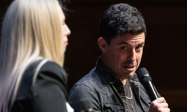 2025-26 Kemp Lecturer Tim Miller with Occidental Professor Caroline Heldman.