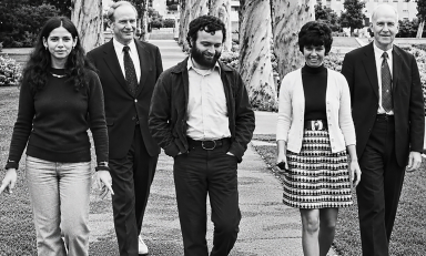 L-R: English and comparative literary faculty members Marsha Kinder, Robert Ryf, Ken Atchity, Jean Wyatt, and Kenneth Oliver in 1974.