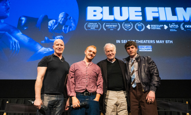 Blue Film director Elliot Tuttle '22, second from left, with the film's stars.