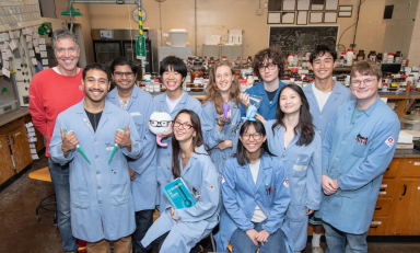 Back row, from left: Occidental Chemistry Department Professor Michael G. Hill, with students Hugo Alvarez '27, Neel Rangan '29, Damien Chow '28, Skylar Cottell '28, Jackson Birchler '29, Ayden Rieke-Wey '28 and Parker Glynn '27. Front row, from left: students Ava Navales '28, Michelle (Mimi) Chen '26 and Cinya Xu '29. 