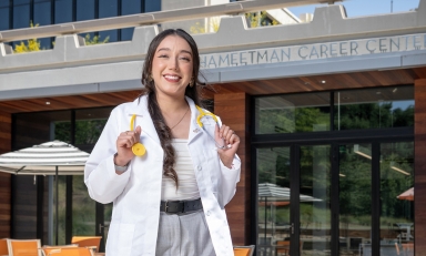 Mariah Rutiaga Amaya ’22 outside the Hameetman Career Center.