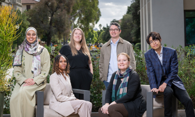 L-R: Associate professors Alaa Abdelfattah (economics), Tiffany Wheatland-Disu (Black studies), Madeline Wander ’08 (urban and environmental policy), Joel Walsh (computer science), Margaret Gaida (history), and Kai Yui Samuel Chan (politics).