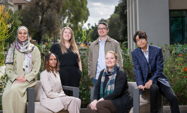 L-R: Associate professors Alaa Abdelfattah (economics), Tiffany Wheatland-Disu (Black studies), Madeline Wander ’08 (urban and environmental policy), Joel Walsh (computer science), Margaret Gaida (history), and Kai Yui Samuel Chan (politics).