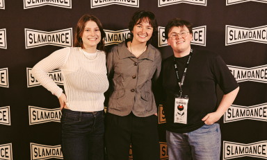From left, Lizzie Friedrich ’25, Lily Calvert ’25, and Hayden Jennings ’25 share a red-carpet moment during the 2026 Slamdance Film Festival. 