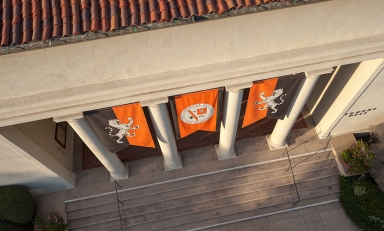 A view looking down at the front entrance of Thorne Hall