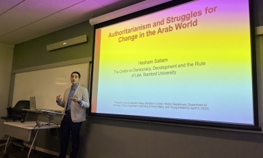 Dr. Hesham Sallam giving a talk to students at Occidental College.