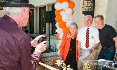 Sally and Jack Samuelson smile for trustee Dave Berkus ’62's camera.