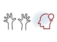 Illustration with outline of hands, a plus sign, and an outline of head with a superimposed lightbulb