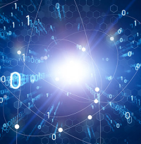 Illustration with chains of numbers emerging from a bright white spot