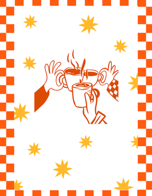 three cartoon hands clinking coffee glasses together