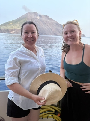 Occidental geology professor Nikki Seymour and student Katie Patton on a boat