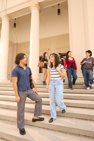 Occidental students talk on the steps outside Fowler Hall on the Los Angeles campus